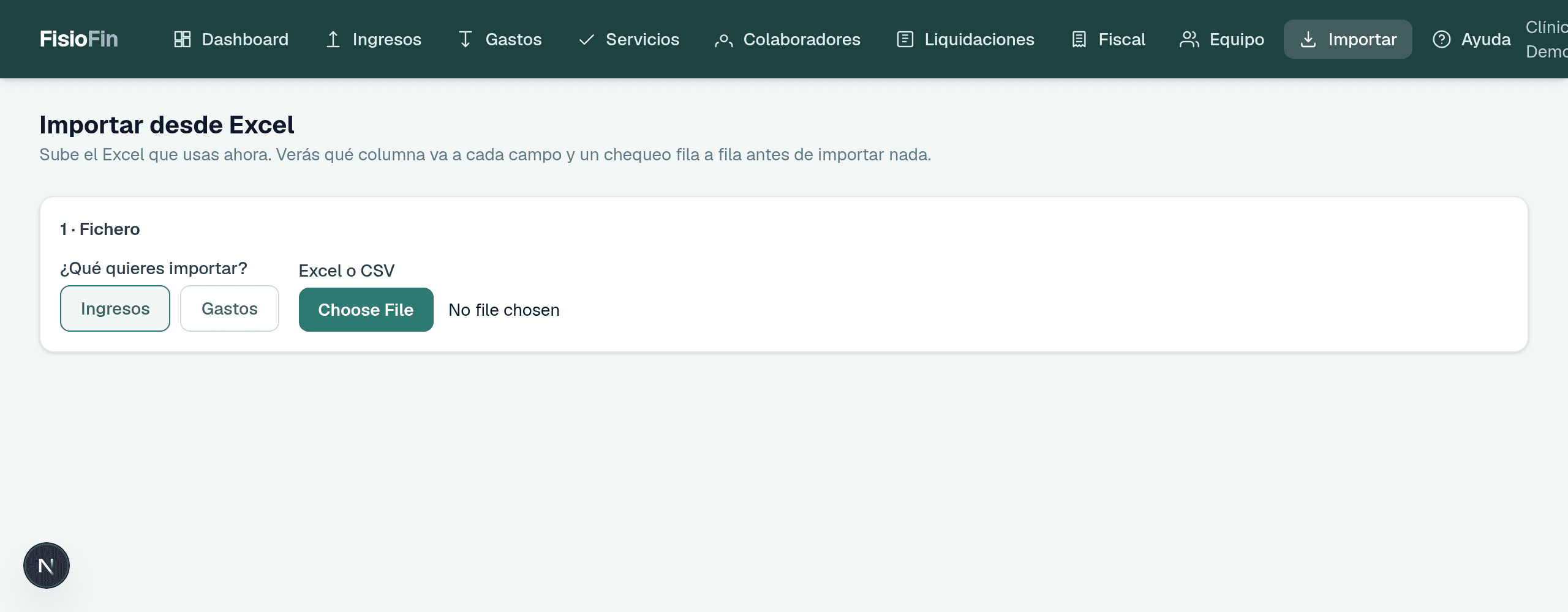 Sección Importar: asistente para subir un Excel y mapear sus columnas