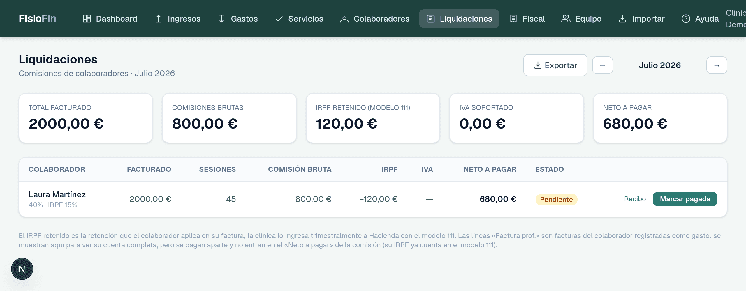 Sección Liquidaciones: desglose de la comisión de una colaboradora con el neto a pagar